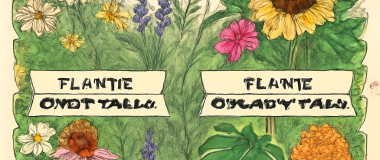 Desen digital al unei femei tinere cu păr lung și blond, purtând o rochie albastră, într-un peisaj natural cu flori colorate și cer senin.