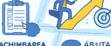 Desen digital cu un peisaj montan la apus, cu un cer portocaliu și un lac reflectorizant în prim-plan.