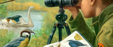 Desene animate cu un câine drăguț care poartă ochelari de soare și stă pe o plajă însorită, cu palmieri și valuri în fundal.